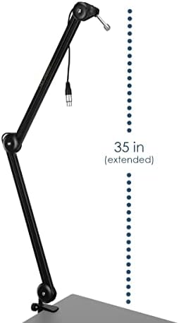 H&A H&A Broadcast Boom Arm with Internal Springs and Integrated 10' XLR Cable Desk Mic Stand, Microphone Stand with Clamp, All Purpose Mic Boom Arm, Black
