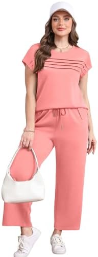 WIHOLL Two Piece Sets for Women Summer Spring Travel Vacation Outfits Cap Sleeve Lounge Matching Sets Wide Leg Pants S-3XL