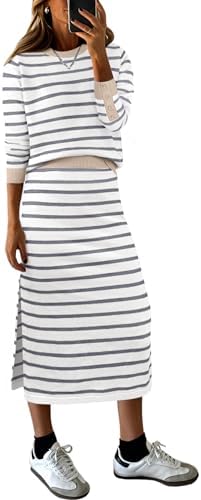 ANRABESS Women 2 Piece Striped Sweater Skirt Set