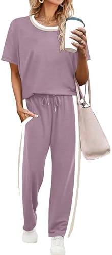WIHOLL 2 Piece Lounge Sets for Women Matching Set Summer Outfits Short Sleeve Tops Wide Leg Pants with Pockets