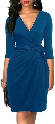 Berydress Women's 3/4 Sleeve V Neck Casual Party Work Faux Black Wrap Dress