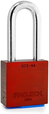 PACLOCK's 4-Series Padlock, UCS, 7/16" Diameter Hard. Stainless Steel Shackle, 2-1/2" Tall, High Performance 6-Pin Cylinder, Keyed Differently w/ 2 Keys, Red Anodized Aluminum