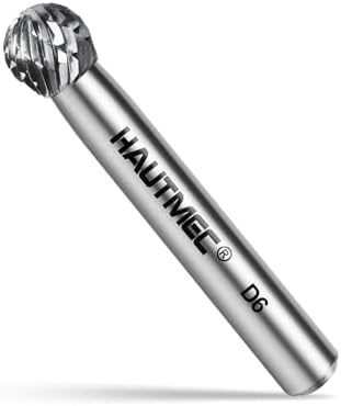 HAUTMEC Tungsten Carbide Rotary Burr Bit YG6, 1/4" Shank Double Cut Die Grinder Bit, Low Vibration Precision Rotary File for Metal Grinding, Engraving & Deburring (6MM Ball Head), HT0449