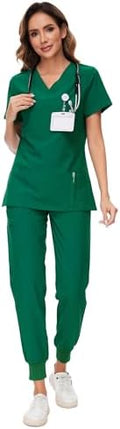 COZYFIT Scrubs for Women Set - Stretch V-Neck & Jogger Pant with 9 Pockets
