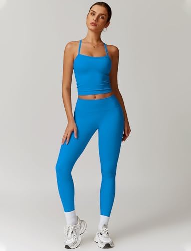 QBGJTD Womens Workout Sets Two Piece Cross Back Tank Top Matching High Waist Leggings Sets Gym Outfits Work Out Clothes