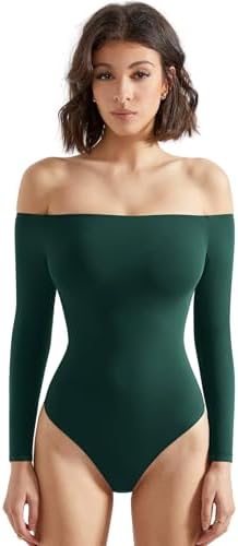 SUUKSESS Women Off Shoulder Long Sleeve Bodysuits Double Lined Basic Tops