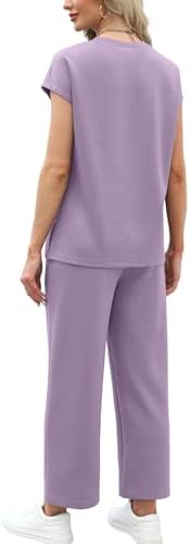 WIHOLL Two Piece Sets for Women Summer Spring Travel Vacation Outfits Cap Sleeve Lounge Matching Sets Wide Leg Pants S-3XL