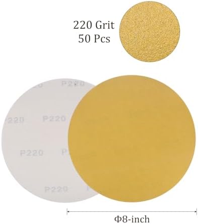 50pcs No Hole Sanding Discs- [ 8 Inch 220 Grit ] Round Hook and Loop Grip Sanding Pads Sheet Sandpaper for Automotive Woodworking Metal Polishing Use| Gold, Aluminum Oxide
