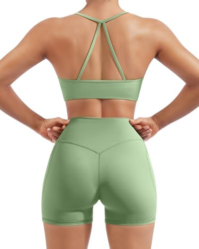 SUUKSESS Women 2 Piece Workout Sets Padded Halter Sports Bras High Waisted Biker Shorts with Pockets