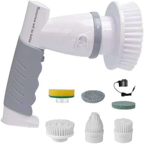 Electric Spin Scrubber Power Spin Brush for Cleaning,Rechargeable Cleaning Brush for Bathroom/Tub/Tile/Floor/Sink/Window Cordless Shower Scrubber with 4 Replaceable Cleaning Brush Heads, Classic Grey