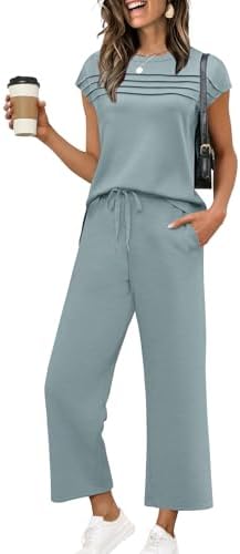 WIHOLL Two Piece Sets for Women Summer Spring Travel Vacation Outfits Cap Sleeve Lounge Matching Sets Wide Leg Pants S-3XL