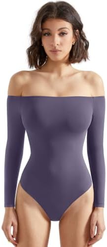 SUUKSESS Women Off Shoulder Long Sleeve Bodysuits Double Lined Basic Tops