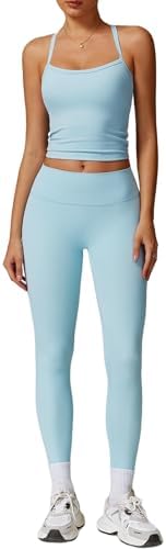QBGJTD Womens Workout Sets Two Piece Cross Back Tank Top Matching High Waist Leggings Sets Gym Outfits Work Out Clothes
