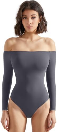 SUUKSESS Women Off Shoulder Long Sleeve Bodysuits Double Lined Basic Tops