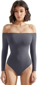 SUUKSESS Women Off Shoulder Long Sleeve Bodysuits Double Lined Basic Tops