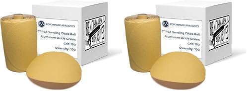 Benchmark Abrasives Professional Gold 6-Inch PSA Sanding Discs Aluminum Oxide 180 Grit Self-Adhesive DA Sandpaper for Automotive Orbital Sanders (200 Pack)