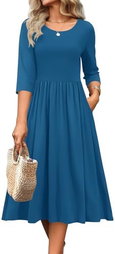 Zeagoo 3/4 Sleeve Women's Dress Casual Aline Summer Fall Midi Long Dresses