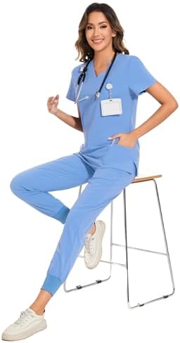 COZYFIT Scrubs for Women Set - Stretch V-Neck & Jogger Pant with 9 Pockets
