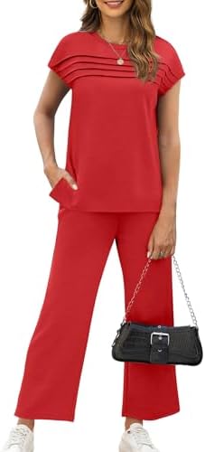 WIHOLL Two Piece Sets for Women Summer Spring Travel Vacation Outfits Cap Sleeve Lounge Matching Sets Wide Leg Pants S-3XL
