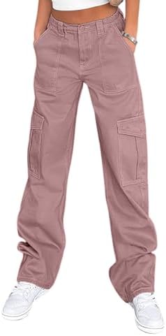 Lepunuo Cargo Pants for Women High Waisted Casual Pants Baggy Stretchy Wide Leg Y2K Streetwear with 6 Pockets