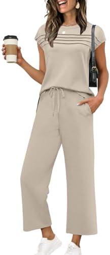 WIHOLL Two Piece Sets for Women Summer Spring Travel Vacation Outfits Cap Sleeve Lounge Matching Sets Wide Leg Pants S-3XL