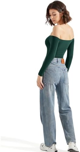 SUUKSESS Women Off Shoulder Long Sleeve Bodysuits Double Lined Basic Tops