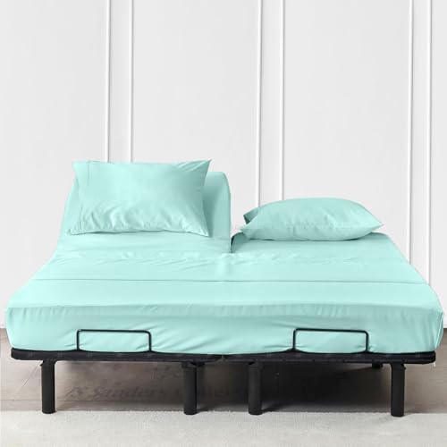 JS Sanders Collection 600TC Flex Top Queen Sheets for Sleep Number Bed - 100% Cotton 4 Pcs Top Split Queen Sheets for Adjustable Bed Queen 36 Inch Down Aqua Blue -18 Inch Deep