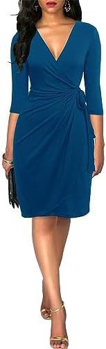 Berydress Women's 3/4 Sleeve V Neck Casual Party Work Faux Black Wrap Dress