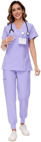 COZYFIT Scrubs for Women Set - Stretch V-Neck & Jogger Pant with 9 Pockets