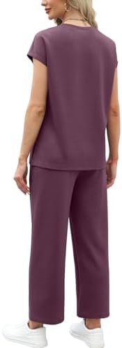 WIHOLL Two Piece Sets for Women Summer Spring Travel Vacation Outfits Cap Sleeve Lounge Matching Sets Wide Leg Pants S-3XL