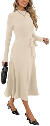 OFEEFAN Long Sleeve Dress Mock Neck Tie Waist Ribbed Knit Midi Dresses Fall Outfits