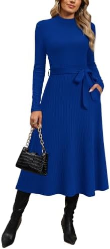 OFEEFAN Long Sleeve Dress Mock Neck Tie Waist Ribbed Knit Midi Dresses Fall Outfits
