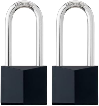 2-Pack Keyed Alike Locks, Black Covered Brass Keyed Padlock with Stainless Steel Long Shackle, 1-9/16 Inch Lock Body, Rustproof Locks for Gate Fence Hasp Cabinet Toolbox Gym or School Locker