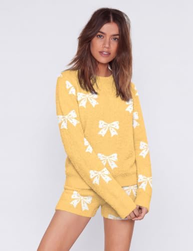 Ekouaer Fuzzy Fleece Pajamas 2 Piece Warm Soft Lounge Set Long Sleeve Sweater Top and Shorts Loungewear Outfits Sweatsuits