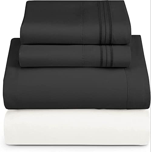 Nestl Queen Sheets Set - 4 Piece Queen Bed Sheets, Extra Soft, Double Brushed Bedding for Queen Size, 2 Tone White/Black Set, White Fitted Sheet, Black Flat Sheet, Black Pillow Case