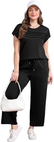 WIHOLL Two Piece Sets for Women Summer Spring Travel Vacation Outfits Cap Sleeve Lounge Matching Sets Wide Leg Pants S-3XL