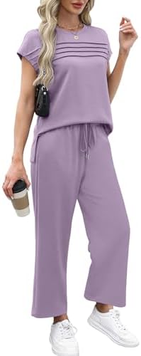 WIHOLL Two Piece Sets for Women Summer Spring Travel Vacation Outfits Cap Sleeve Lounge Matching Sets Wide Leg Pants S-3XL