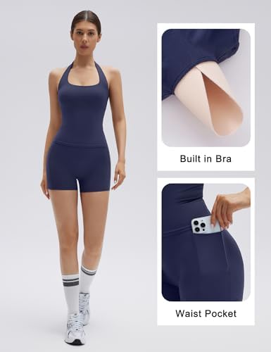 SUUKSESS Women 2 Piece Workout Sets Halter Neck Yoga Tops Gym Biker Shorts