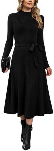 OFEEFAN Long Sleeve Dress Mock Neck Tie Waist Ribbed Knit Midi Dresses Fall Outfits