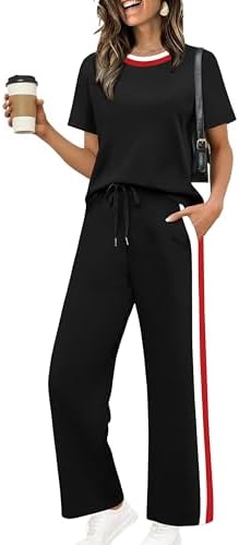 WIHOLL 2 Piece Lounge Sets for Women Matching Set Summer Outfits Short Sleeve Tops Wide Leg Pants with Pockets
