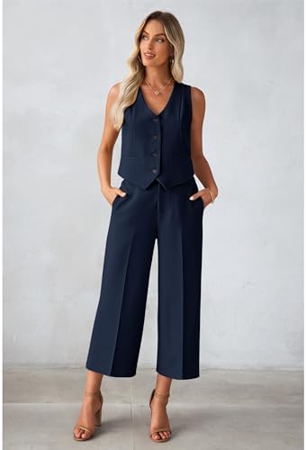 luvamia Vest Pant Suits for Women Dressy Wide Leg 2 Piece Sets Work Outfits