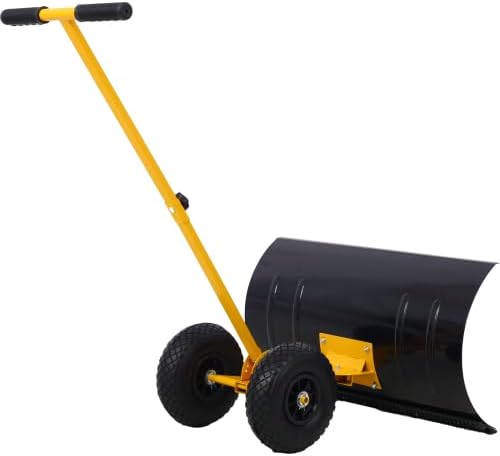 29" Snow Pusher Shovel with Adjustable Handle, Snow Shovel with Wheels, Snow Clean Tool for Driveway or Pavement, Yellow