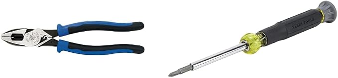 Klein Tools J2000-9NECRTP Side Cutter Linemans Pliers, 9-Inch & 32581 4-in-1 Electronics Screwdriver Set with Precision Machines Bits: 2 Slotted, 2 Phillips, and Cushion Grip Handles, 4-Piece