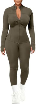 UOUA Womens Workout Set 2 Piece Outfit Bodycon Gym Tracksuit