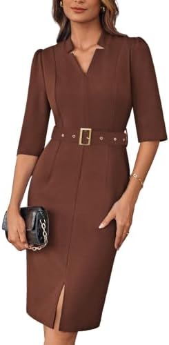 GRACE KARIN Women's Work Dress 3/4 Sleeve V Neck Bodycon Dress with Belt