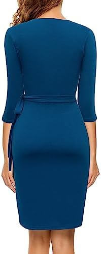 Berydress Women's 3/4 Sleeve V Neck Casual Party Work Faux Black Wrap Dress