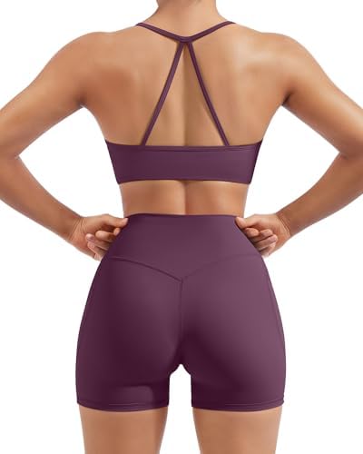 SUUKSESS Women 2 Piece Workout Sets Padded Halter Sports Bras High Waisted Biker Shorts with Pockets