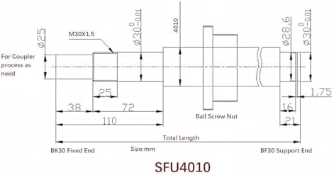 40mm Ballscrew SFU4010 RM4010 Anti Backlash Ball Screw, Length 50.39 inch / 1280mm 10mm Pitch with Metal Nut (with Standard End Machining for BK/BF30), High Precision Part for CNC Machine