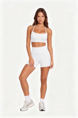 SUUKSESS Women 2 Piece Workout Sets Padded Halter Sports Bras High Waisted Biker Shorts with Pockets