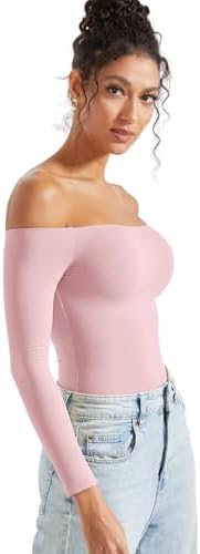 SUUKSESS Women Off Shoulder Long Sleeve Bodysuits Double Lined Basic Tops